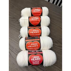Red Heart Super Saver Yarn Lot 5 Skeins White Worsted Weight No Dye Lot